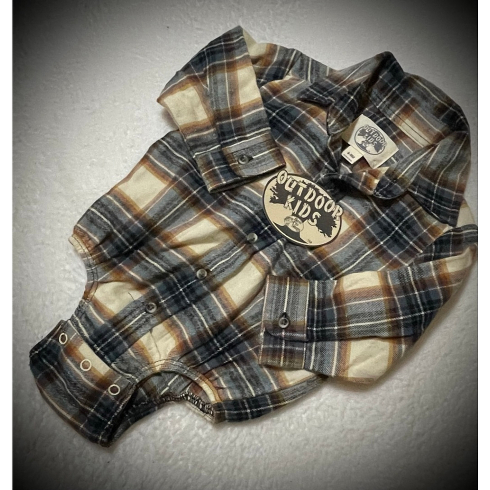Baby Outdoor Kids Plaid Flannel Bodysuit 6-9 Months Beige Blue